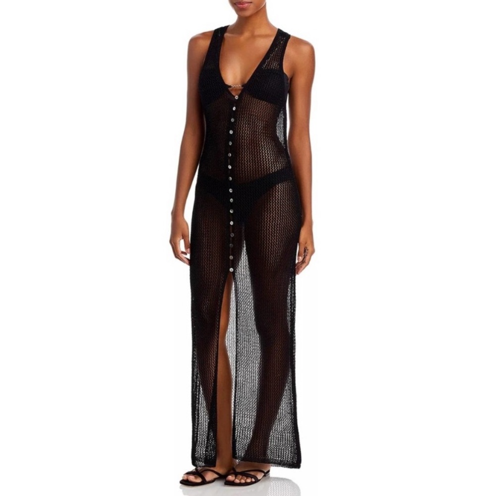 l*space Black Crochet Button-Front Maxi Swim Coverup
